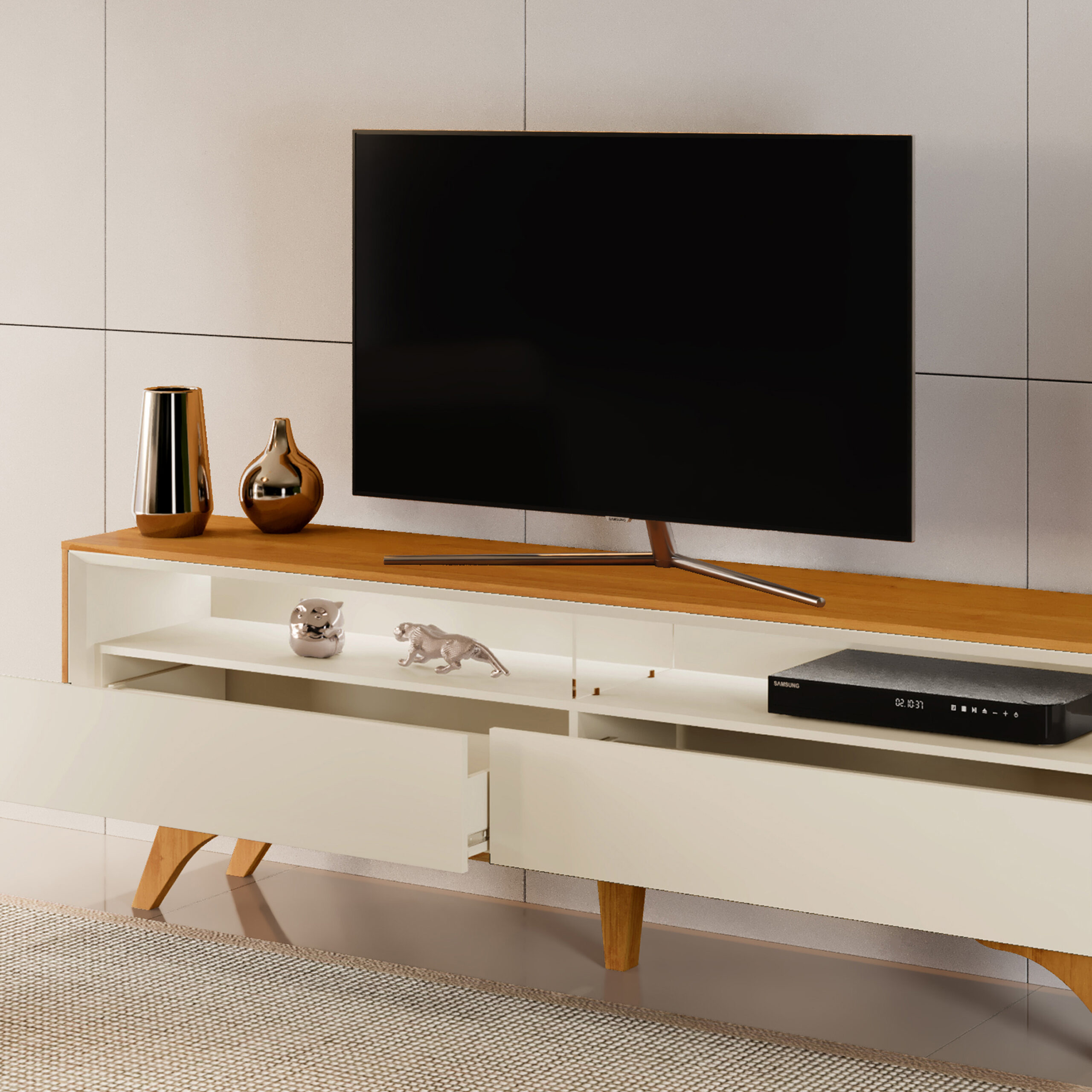 Rack Viena - Lado - Aberto - Detalhe - Naturale - Off
